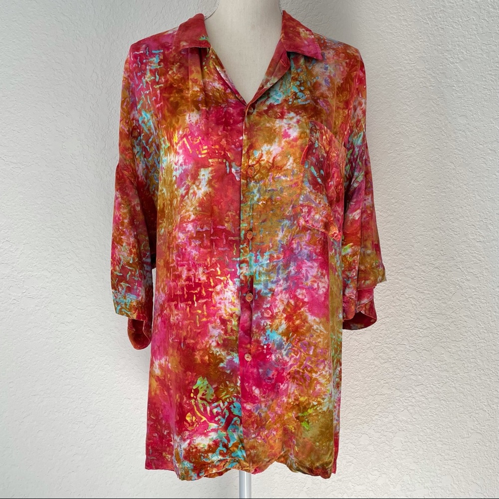 VINTAGE BATIK BUTTON DOWN SHIRT KIMONO BLOUSE XL.
